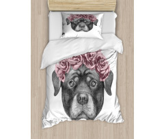 Portrait of Dog in Roses Duvet Cover Set