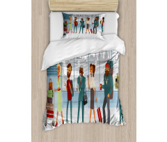 People at Line with Luggage Duvet Cover Set