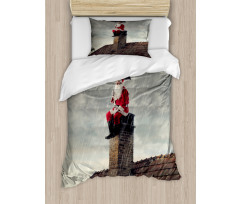 Santa on Chimney in Rain Duvet Cover Set