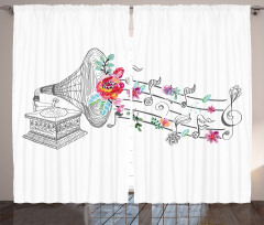 Müzik Perde Gramofon Çiçek ve Nota