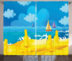 Vibrant Seaside Cartoon Scene Curtain