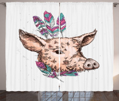 Pig Portrait Feathers Curtain