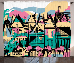 Hand Drawn Streets Houses Curtain