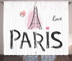 Paris Perde Romantik ve Kalpli Eyfel Kulesi Grafik Çizim