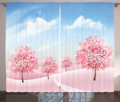 Blooming Sakura Trees Scene Curtain