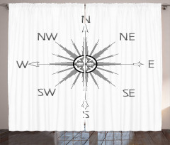 Pusula Perde Yönleri Gösteren Rüzgar Gülü Monokrom Çizimi