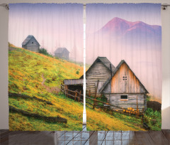 Wooden Houses Mountain Curtain