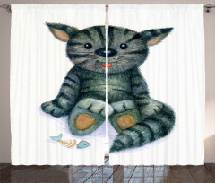 Cat Cartoon Fish Skeleton Curtain