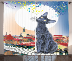 Cat on Rooftop Sunset Music Curtain