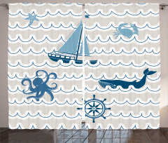 Cartoon Ship Whale Waves Curtain