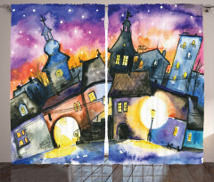 Town Night Watercolor Curtain
