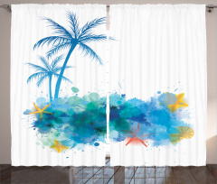 Seashells Blue Palm Art Curtain