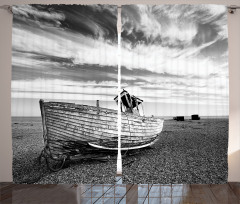 Wooden Boat on Beach Dusk Curtain