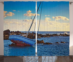 Yacht on Rocks Harbor Curtain