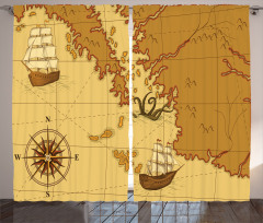 Old Map with Ship Compass Curtain
