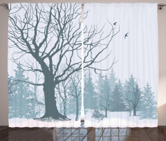 Snowy Forest Trees Birds Curtain