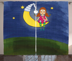 Girl on Moon Words Artwork Curtain