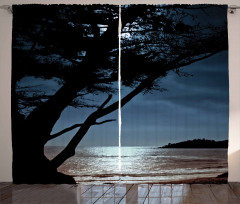 Night Tree Silhouette Sea Curtain