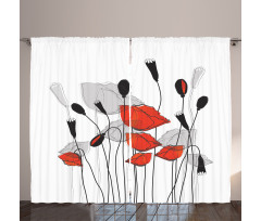 Hand Drawn Poppy Flowers Curtain