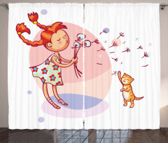 Cartoon Girl and Cat Curtain