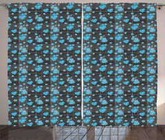 Blue Blossoms on Grid Curtain