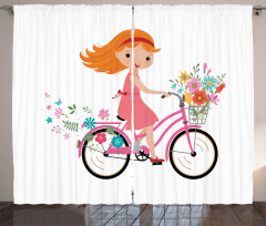 Happy Girl on Bike Flowers Curtain