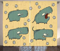 Comic Hippo Floral Grungy Curtain