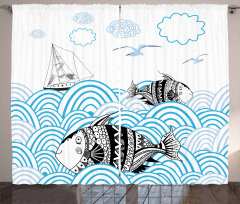 Sketch Boat and Animals Curtain