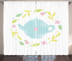 Grungy Teapot Floral Wreath Curtain