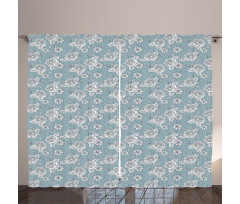 Retro Drawn Blossoms on Blue Curtain
