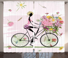Girl Riding Bike Flowers Curtain