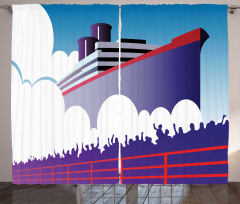 Large Ship with Harbor People Curtain