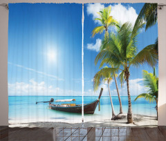 Wooden Boat on Exotic Beach Curtain