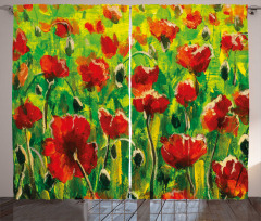 Poppies on Green Grass Curtain