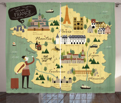 Travel Landmarks Map Doodle Curtain