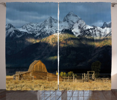 Rustic Wooden Hut Mountains Curtain