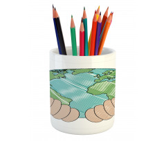 Hands Holding Globe Art Pencil Pen Holder