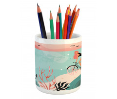 Woman Cycling in Sea Pencil Pen Holder