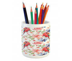 Parrots Iris and Roses Pencil Pen Holder