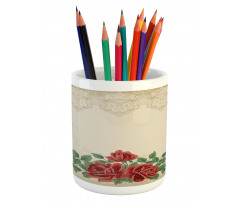 Vintage Love Red Roses Pencil Pen Holder