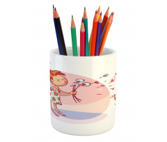 Cartoon Girl and Cat Pencil Pen Holder