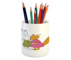 Fox and Hare Hugging Pencil Pen Holder