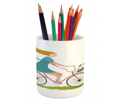 Woman on Bike Tulips Pencil Pen Holder