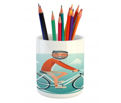 Hipster Guy Riding Bicycle Pencil Pen Holder