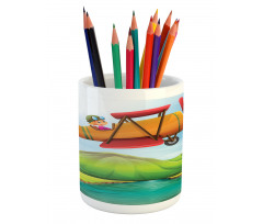 Kid on a Biplane River Pencil Pen Holder