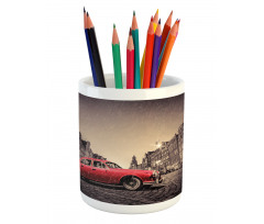 Retro Car on Cobblestone Road Pencil Pen Holder