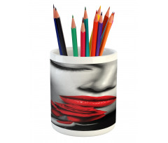 A Young Lady Holding Red Rose Pencil Pen Holder