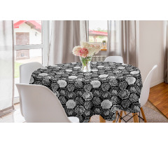 Nostaljik Yuvarlak Masa Örtüsü Siyah Beyaz Gri Vintage Güller Desenli