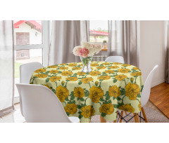 Romantik Yuvarlak Masa Örtüsü Sarı Zarif Çiçek Buketleri Desenli Bitki