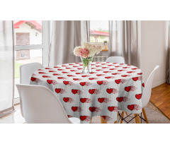 Romantik Yuvarlak Masa Örtüsü Büyük Kırmızı Kalpli Lolipop Şekeri Deseni